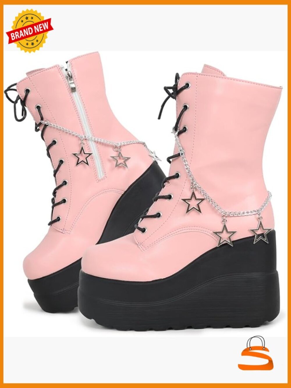 Platform Chunky Heel Combat Booties with Side Zip Lace Up Wedge Boots US5.5-11